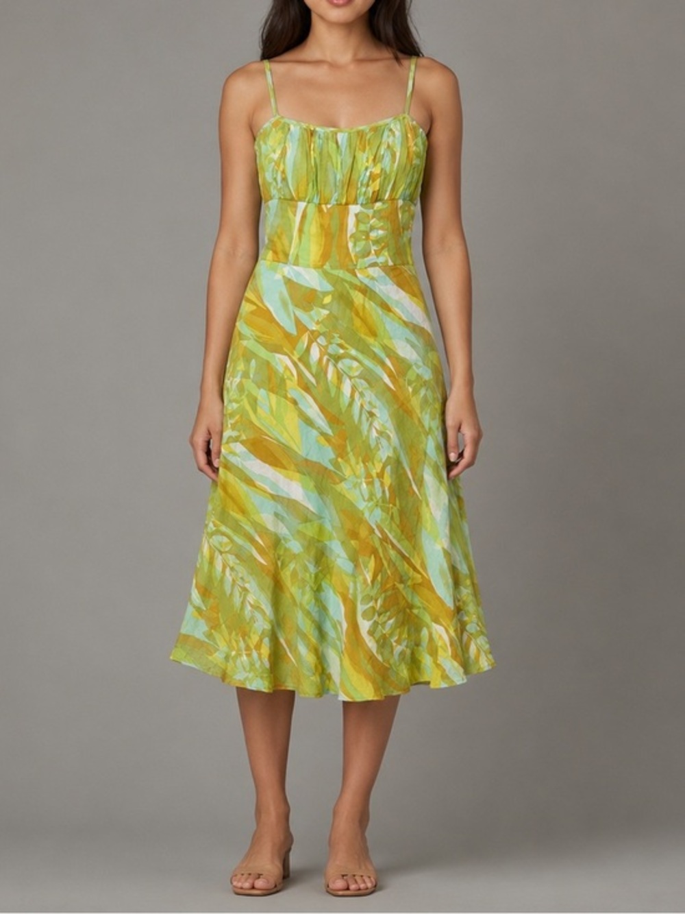 Max and Cleo Empire Waist Tropical Print Cotton Midi Dress Green Resortwear S